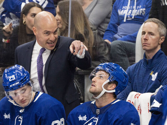 TORONTO, ON - FEBRUARY 11: Toronto Maple Leafs assistant coach Spencer Carbery looks on from the bench against the Columbus Blue Jackets during the second period at the Scotiabank Arena on February 11, 2023 in Toronto, Ontario, Canada.