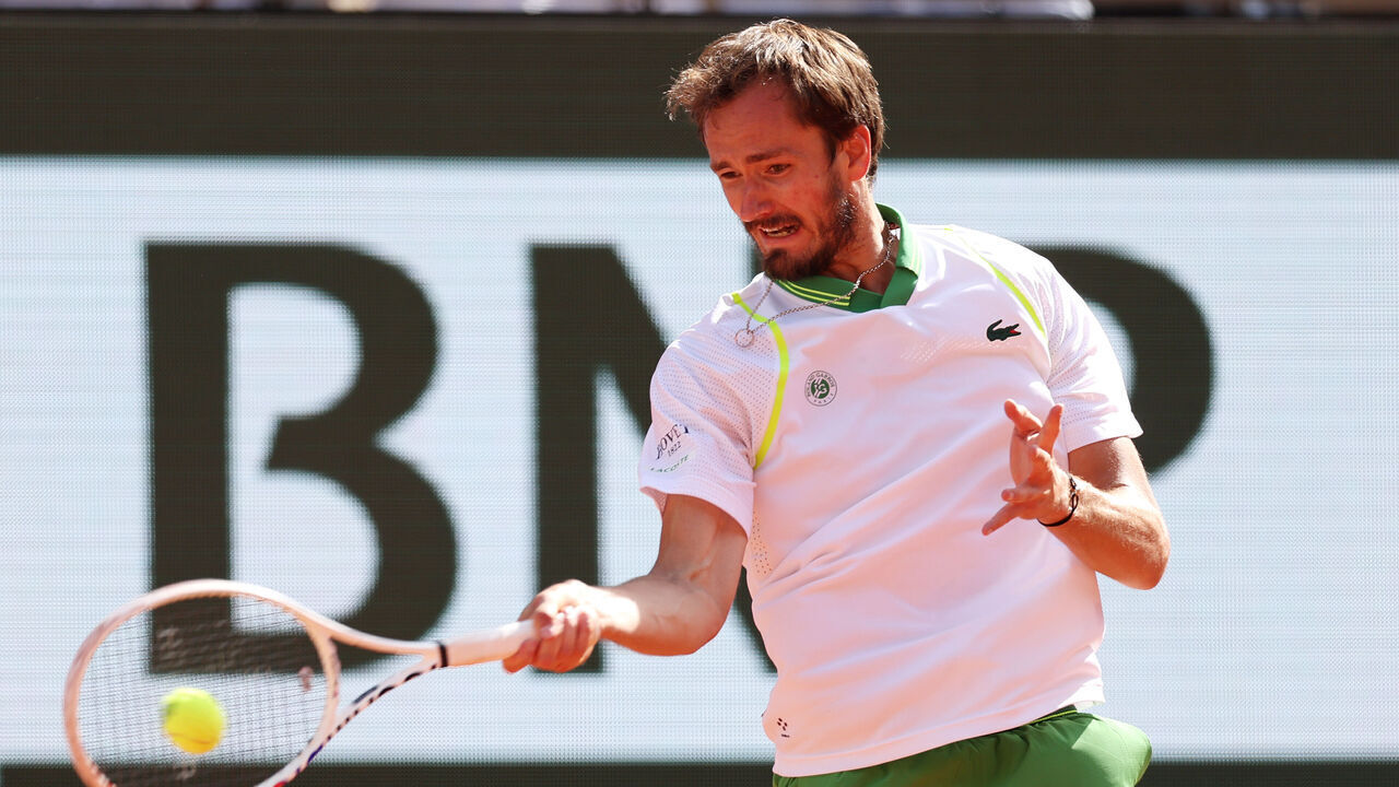 PARIS, FRANCE - MAY 30: Daniil Medvedev plays a forehand against Thiago Seyboth Wild of Brazil during their Men's Singles First Round Match on Day Three of the 2023 French Open at Roland Garros on May 30, 2023 in Paris, France.