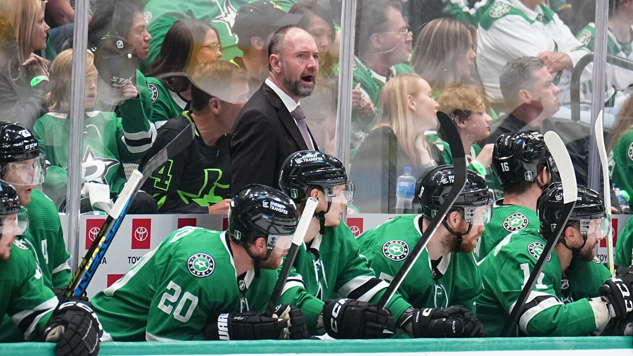 DALLAS, TX - MAY 29: Pete DeBoer of the Dallas Stars watches the action from behind the bench against the Vegas Golden Knights in Game Six of the Conference Final of the 2023 Stanley Cup Playoffs at the American Airlines Center on May 29, 2023 in Dallas, Texas.