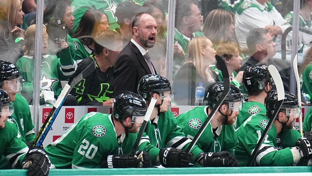 DALLAS, TX - MAY 29: Pete DeBoer of the Dallas Stars watches the action from behind the bench against the Vegas Golden Knights in Game Six of the Conference Final of the 2023 Stanley Cup Playoffs at the American Airlines Center on May 29, 2023 in Dallas, Texas.