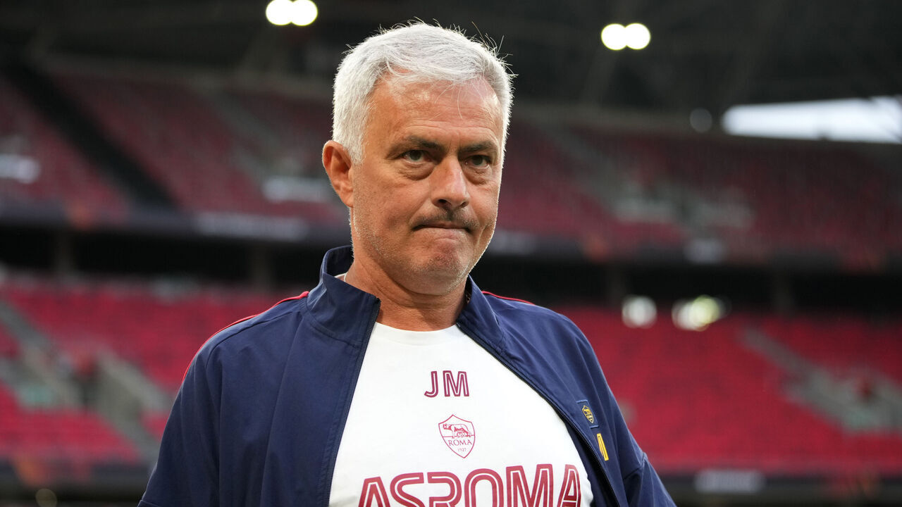 BUDAPEST, HUNGARY - MAY 30: Jose Mourinho, Head Coach of AS Roma, inspects the pitch prior to the UEFA Europa League 2022/23 final match between Sevilla FC and AS Roma at Puskas Arena on May 30, 2023 in Budapest, Hungary.
