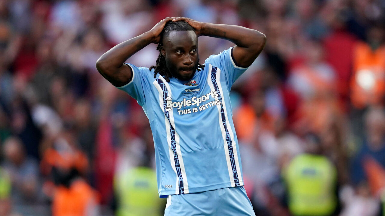 Coventry City's Fankaty Dabo reacts after missing the deciding penalty during the Sky Bet Championship play-off final at Wembley Stadium, London. Picture date: Saturday May 27, 2023.