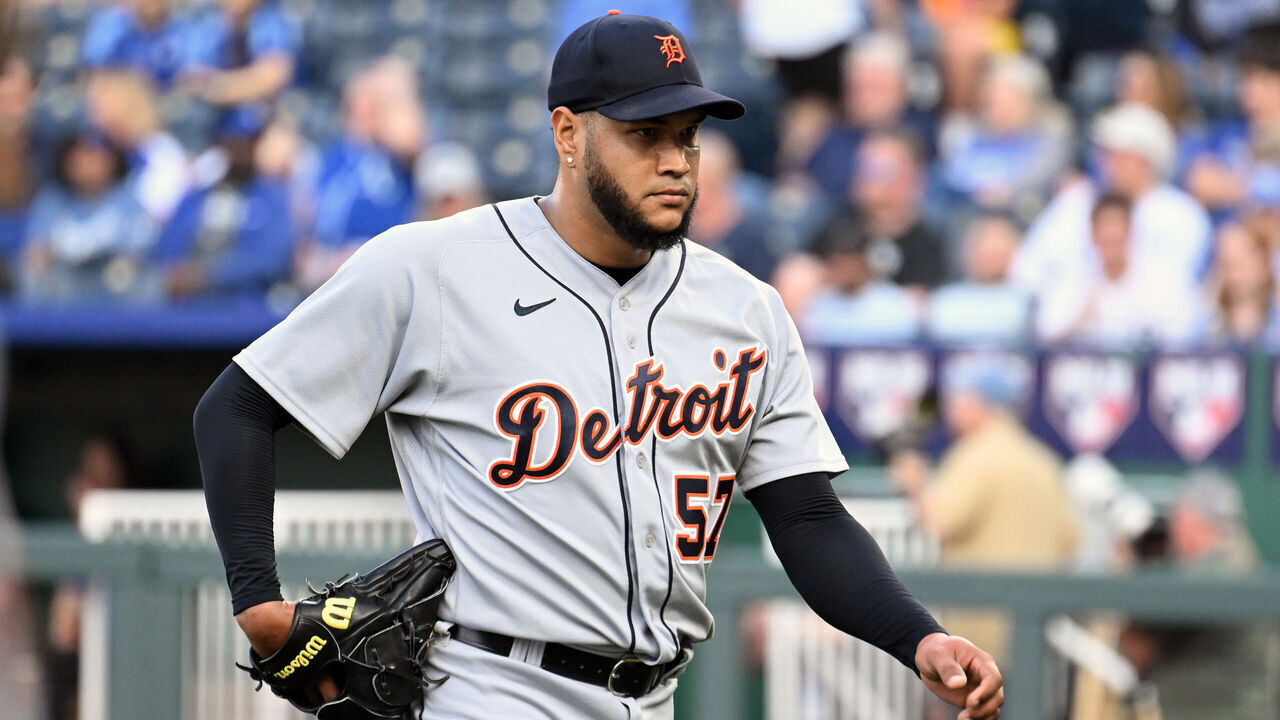 KANSAS CITY, MO - MAY 23: Detroit Tigers starting pitcher Eduardo Rodriguez (57) as seen after pitching in the first inning during an MLB game between the Detroit Tigers and the Kansas City Royals on May 23, 2023, at Kauffman Stadium, in Kansas City, MO.
