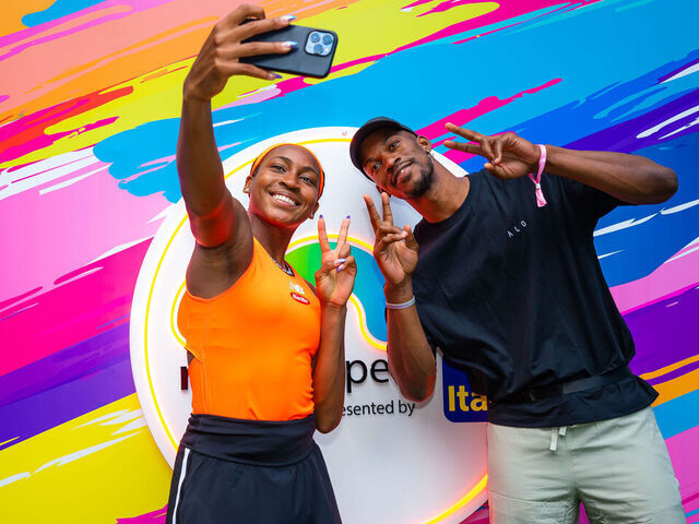 MIAMI GARDENS, FLORIDA - MARCH 23: Coco Gauff meets Jimmy Butler of the Miami Heat after defeating Rebecca Marino of Canada in her second-round match on Day 5 of the Miami Open at Hard Rock Stadium on March 23, 2023 in Miami Gardens, Florida