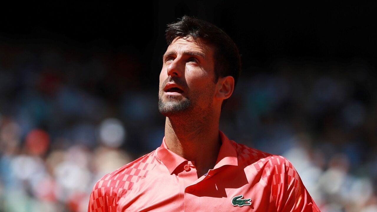 Novak Djokovic of Serbia reacts during the men's singles first round match between Novak Djokovic of Serbia and Aleksandar Kovacevic of the United States at the French Open tennis tournament at Roland Garros in Paris, France, on May 29, 2023.