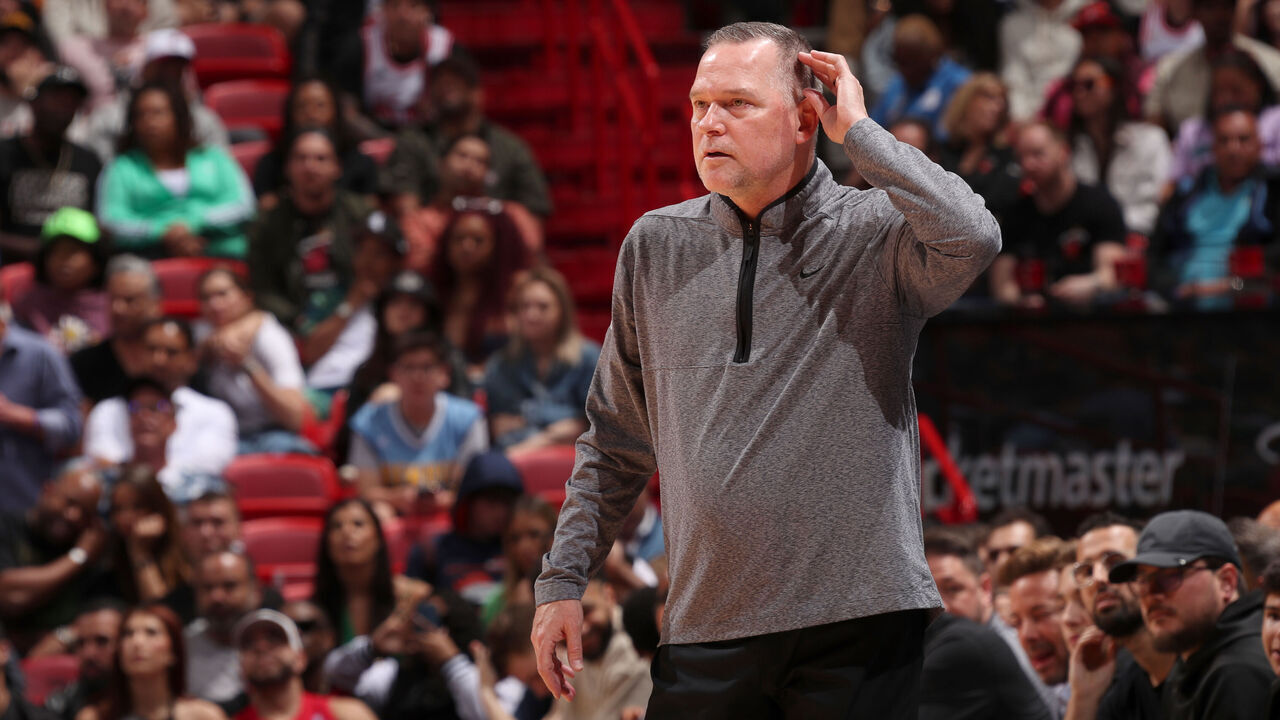 MIAMI, FL - FEBRUARY 13: Head Coach Michael Malone of the Denver Nuggets looks on during the game against the Miami Heat on February 13, 2023 at Miami-Dade Arena in Miami, Florida. Mandatory Copyright Notice: Copyright 2023 NBAE