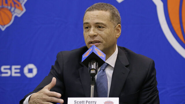 GREENBURG, NY - JULY 17: New York Knicks team President, Steve Mills and Jeff Hornacek of the New York Knicks introduce General Manager Scott Perry at a pess conference at the at Knicks Practice Center July 17, 2017 in Greenburg, New York. NOTE TO USER: User expressly acknowledges and agrees that, by downloading and/or using this photograph, user is consenting to the terms and conditions of the Getty Images License Agreement. Mandatory Copyright Notice: Copyright 2017 NBAE