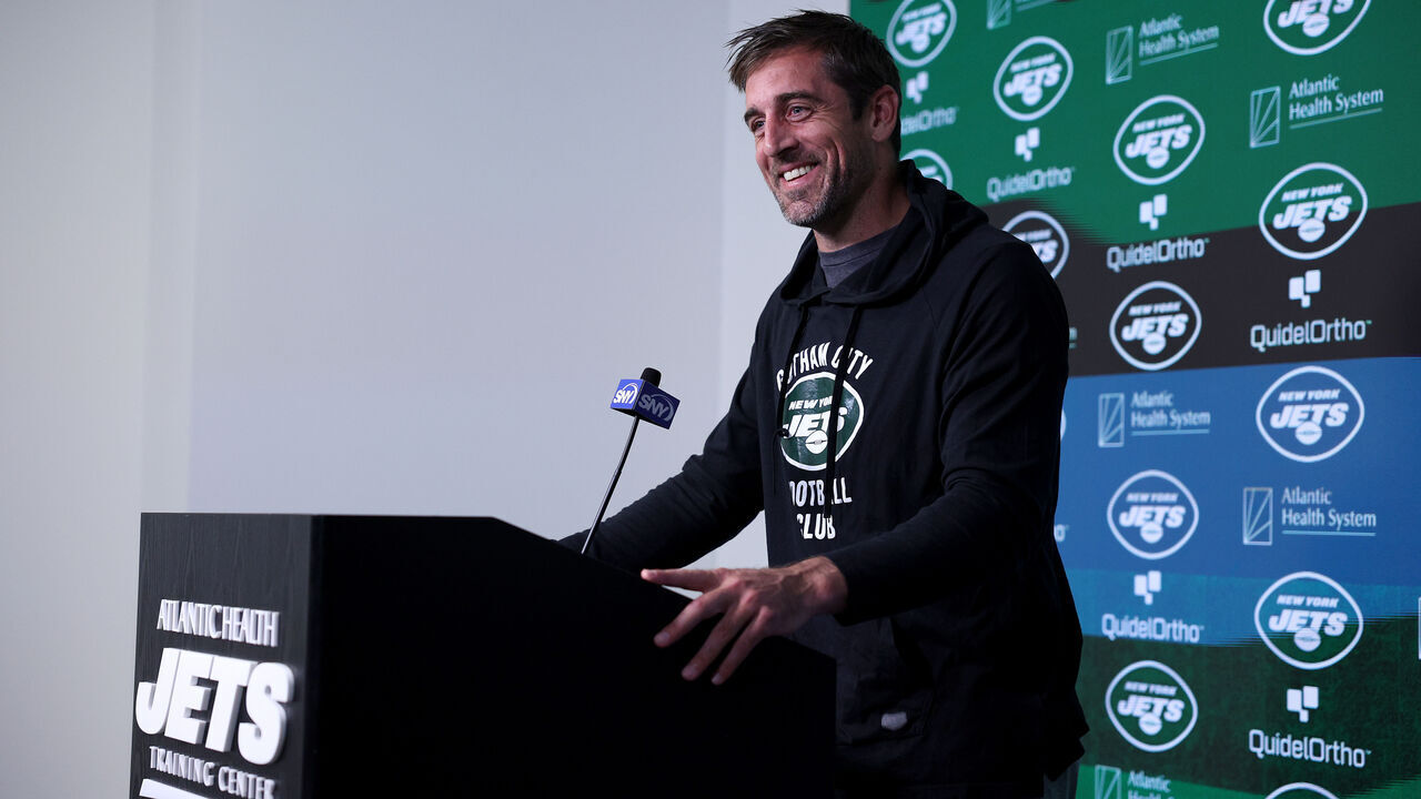 FLORHAM PARK, NEW JERSEY - MAY 23: Aaron Rodgers #8 of the New York Jets answers questions after an offseason workout session at Atlantic Health Jets Training Center on May 23, 2023 in Florham Park, New Jersey.