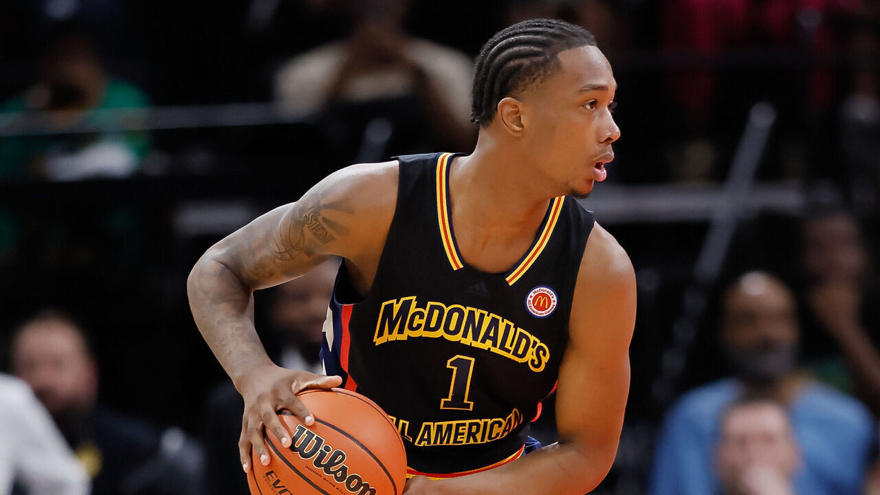 HOUSTON, TX - MARCH 28: Ron Holland II #1 of McDonald's All American Boys West holds the ball during the McDonalds All American Basketball Games at Toyota Center on March 28, 2023 in Houston, Texas.