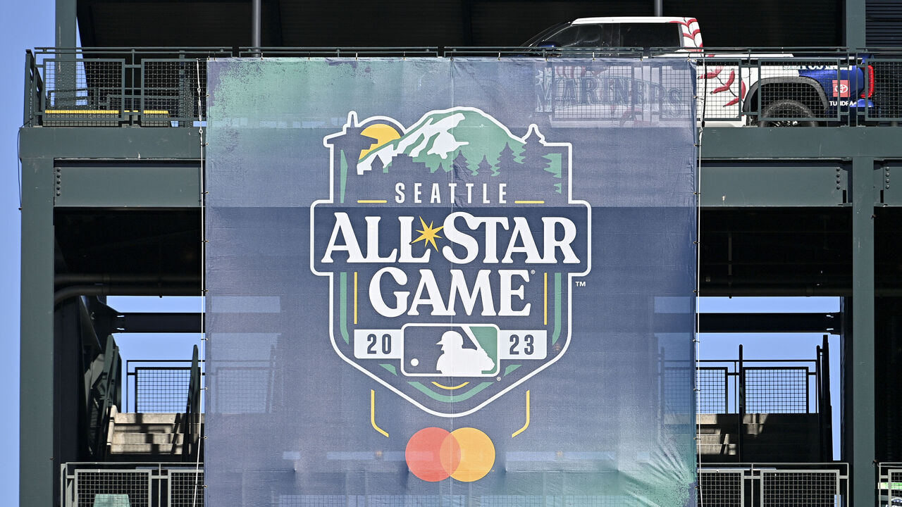 SEATTLE, WASHINGTON - JULY 25: A general view of the 2023 MLB Seattle All-Star Game banner before the game between the Seattle Mariners and the Texas Rangers at T-Mobile Park on July 25, 2022 in Seattle, Washington.