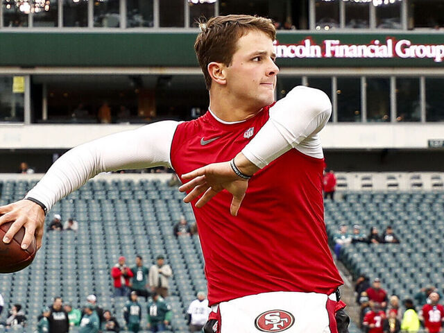 PHILADELPHIA, PA - JANUARY 29: Brock Purdy #13 of the San Francisco 49ers warms up prior to the NFC Championship NFL football game against the Philadelphia Eagles at Lincoln Financial Field on January 29, 2023 in Philadelphia, Pennsylvania.