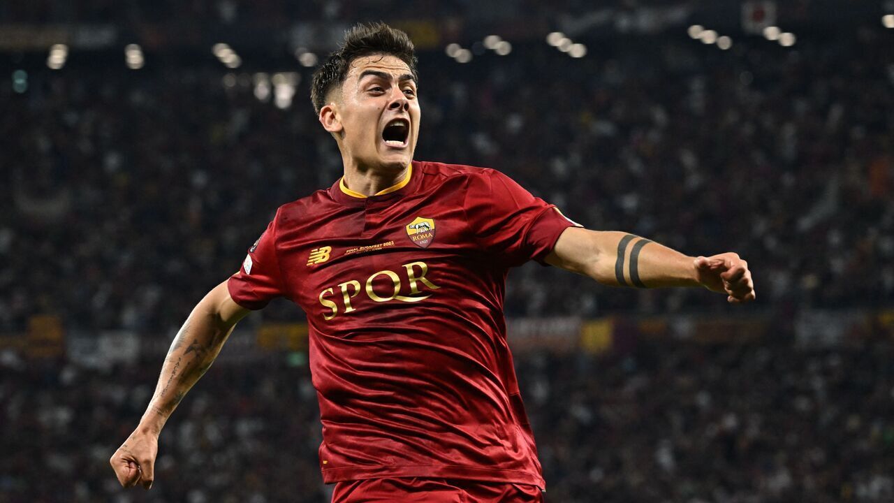 AS Roma's Argentinian forward Paulo Dybala celebrates scoring the opening goal during the UEFA Europa League final football match between Sevilla FC and AS Roma at the Puskas Arena in Budapest, Hungary on May 31, 2023.