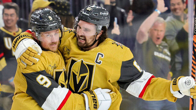 LAS VEGAS, NEVADA - MAY 03: Jack Eichel #9 and Mark Stone #61 of the Vegas Golden Knights celebrate Eichel's empty-net power-play goal against the Edmonton Oilers in the third period of Game One of the Second Round of the 2023 Stanley Cup Playoffs at T-Mobile Arena on May 03, 2023 in Las Vegas, Nevada. The Golden Knights defeated the Oilers 6-4.
