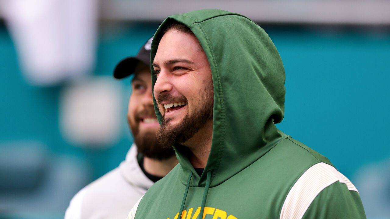 MIAMI GARDENS, FLORIDA - DECEMBER 25: David Bakhtiari #69 of the Green Bay Packers looks on during pregame warm-ups prior to a game against the Miami Dolphins at Hard Rock Stadium on December 25, 2022 in Miami Gardens, Florida.