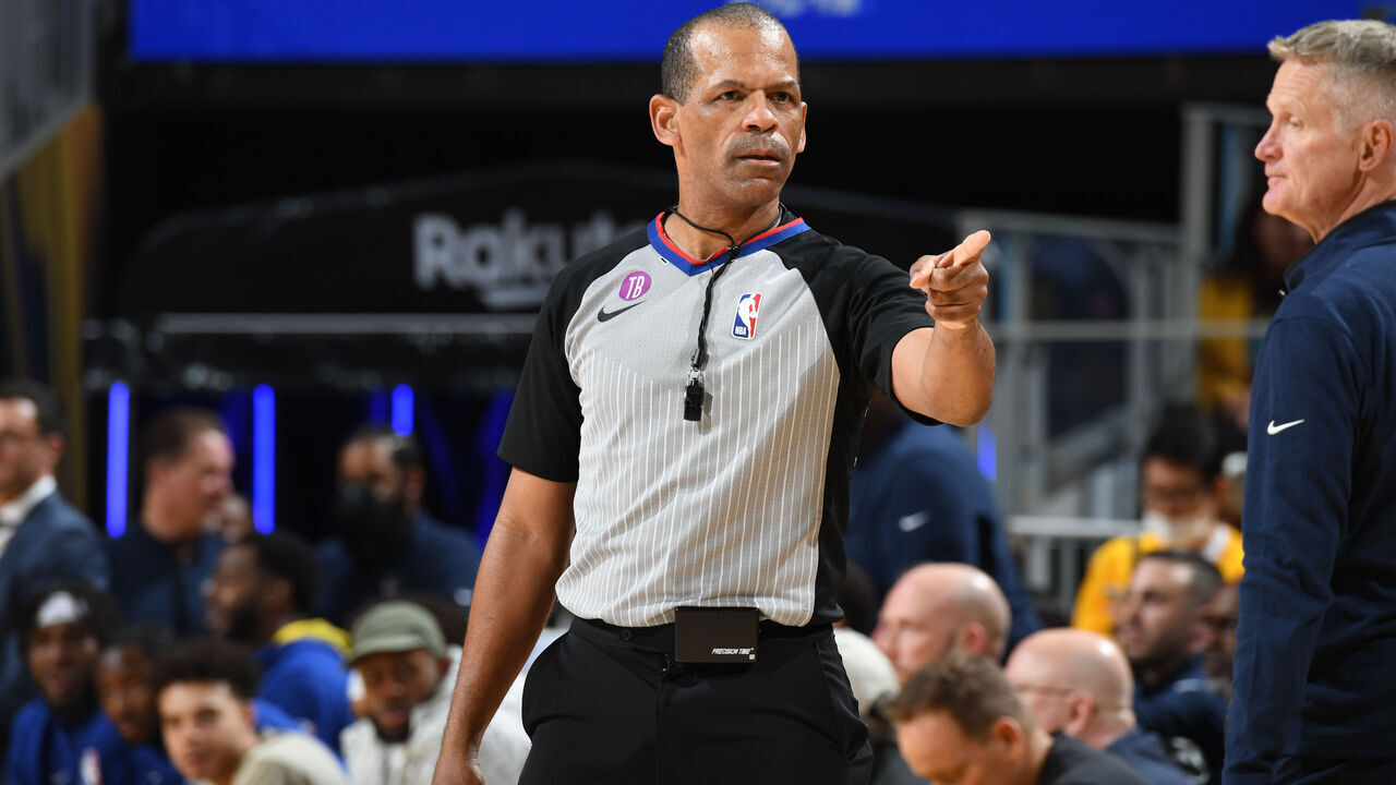 SAN FRANCISCO, CA - MAY 4: Referee Eric Lewis #42 looks on during the game between the Los Angeles Lakers and the Golden State Warriors during the Western Conference Semi Finals of the 2023 NBA Playoffs on May 4, 2023 at Chase Center in San Francisco, California. NOTE TO USER: User expressly acknowledges and agrees that, by downloading and/or using this Photograph, user is consenting to the terms and conditions of the Getty Images License Agreement. Mandatory Copyright Notice: Copyright 2023 NBAE