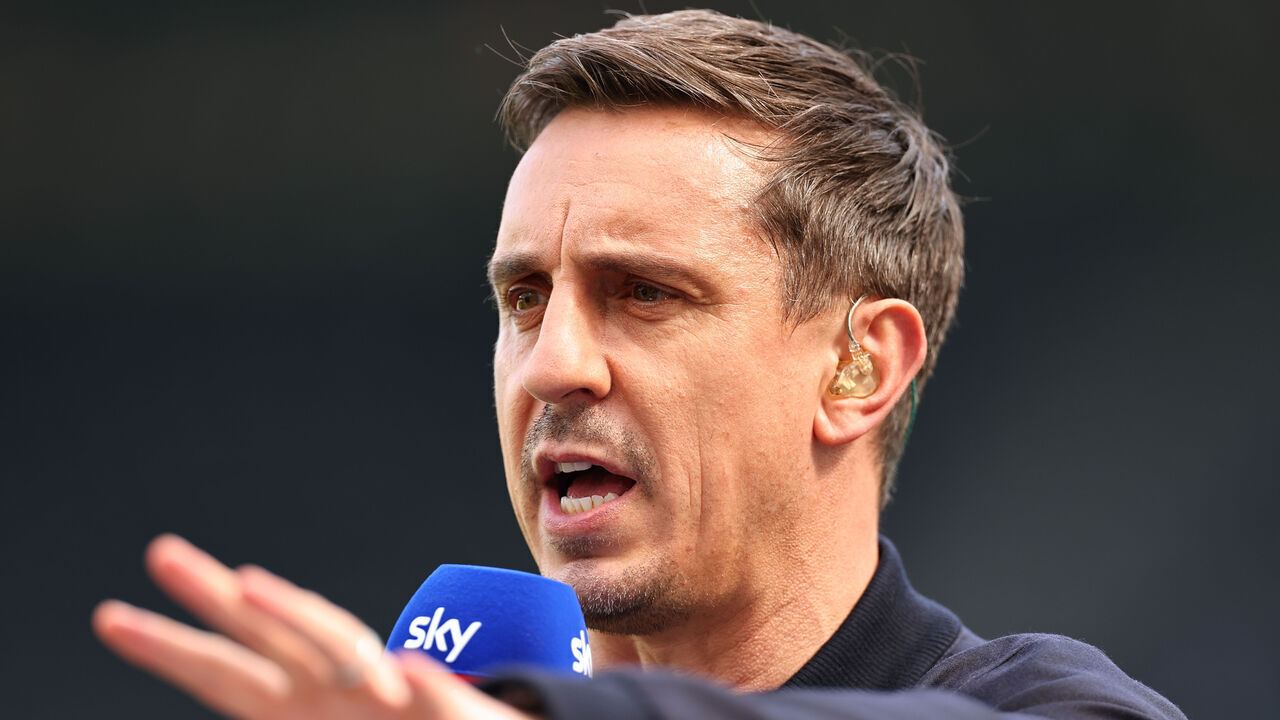 NEWCASTLE, ENGLAND - MAY 7: Gary Neville working as a TV pundit for Sky Sports ahead of the Premier League match between Newcastle United and Arsenal FC at St. James Park on May 7, 2023 in Newcastle upon Tyne, United Kingdom.