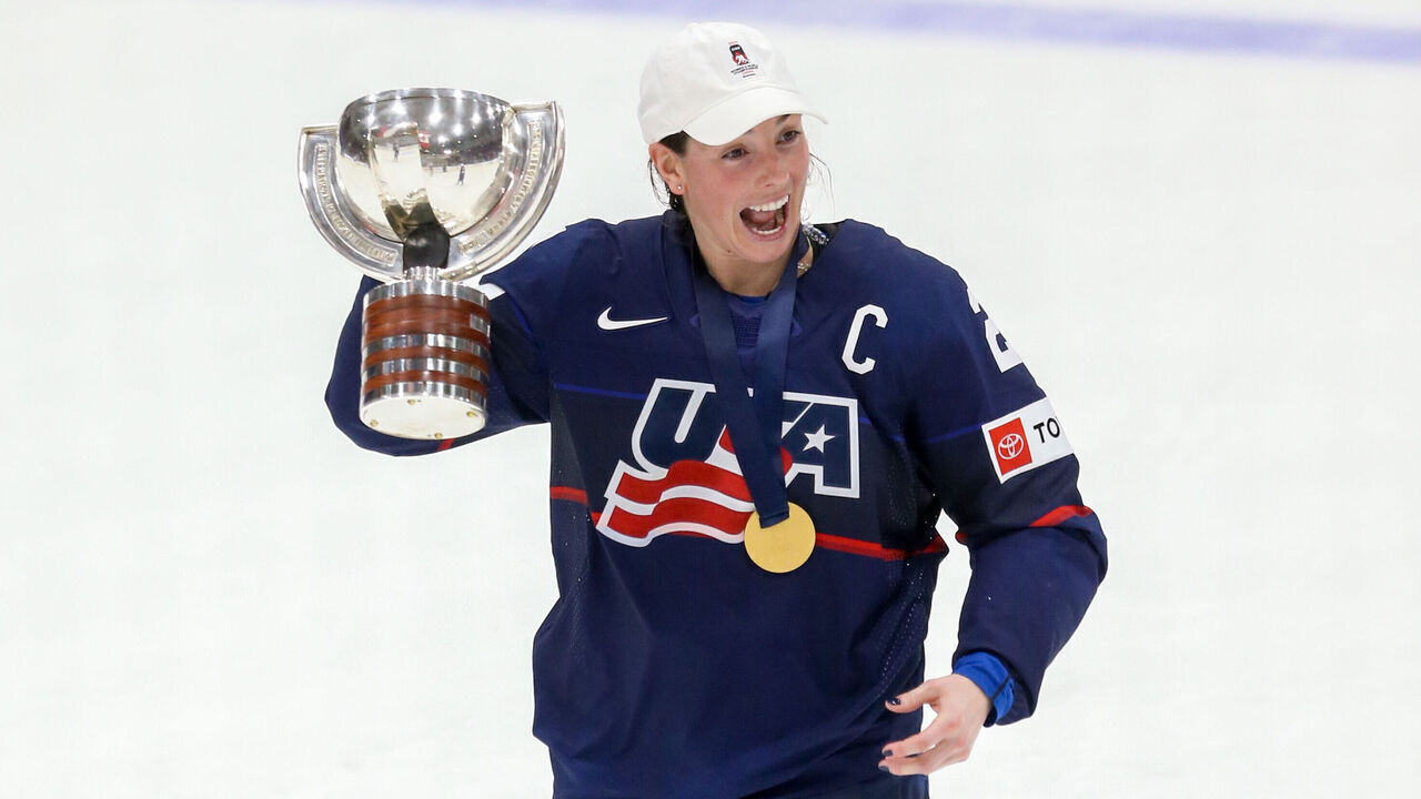 BRAMPTON, ONTARIO - APRIL 16: Forward Hilary Knight #21 of Team USA celebrates the 6-3 win over Canada during the gold medal game of the 2023 IIHF Women's World Championship at CAA Centre on April 16, 2023 in Brampton, Ontario.