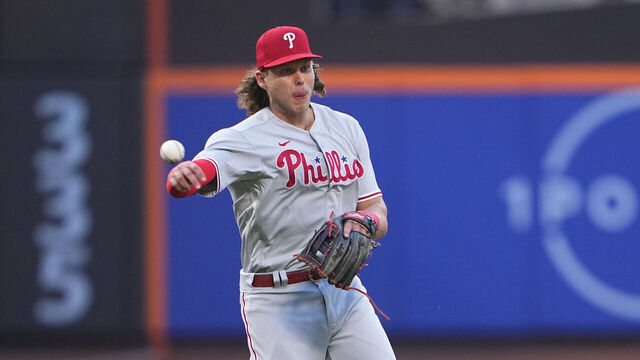 FLUSHING, NY - MAY 30: Philadelphia Phillies Third Baseman Alec Bohm (28) throws out New York Mets First Baseman Pete Alonso (20) (not pictured) after fielding a ground ball during the second inning of the Major League Baseball game between the Philadelphia Phillies and New York Mets on May 30, 2023, at Citi Field in Flushing, NY.