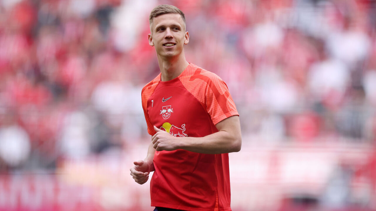 MUNICH, GERMANY - MAY 20: Dani Olmo of RB Leipzig looks on during the warm up prior to the Bundesliga match between FC Bayern München and RB Leipzig at Allianz Arena on May 20, 2023 in Munich, Germany.