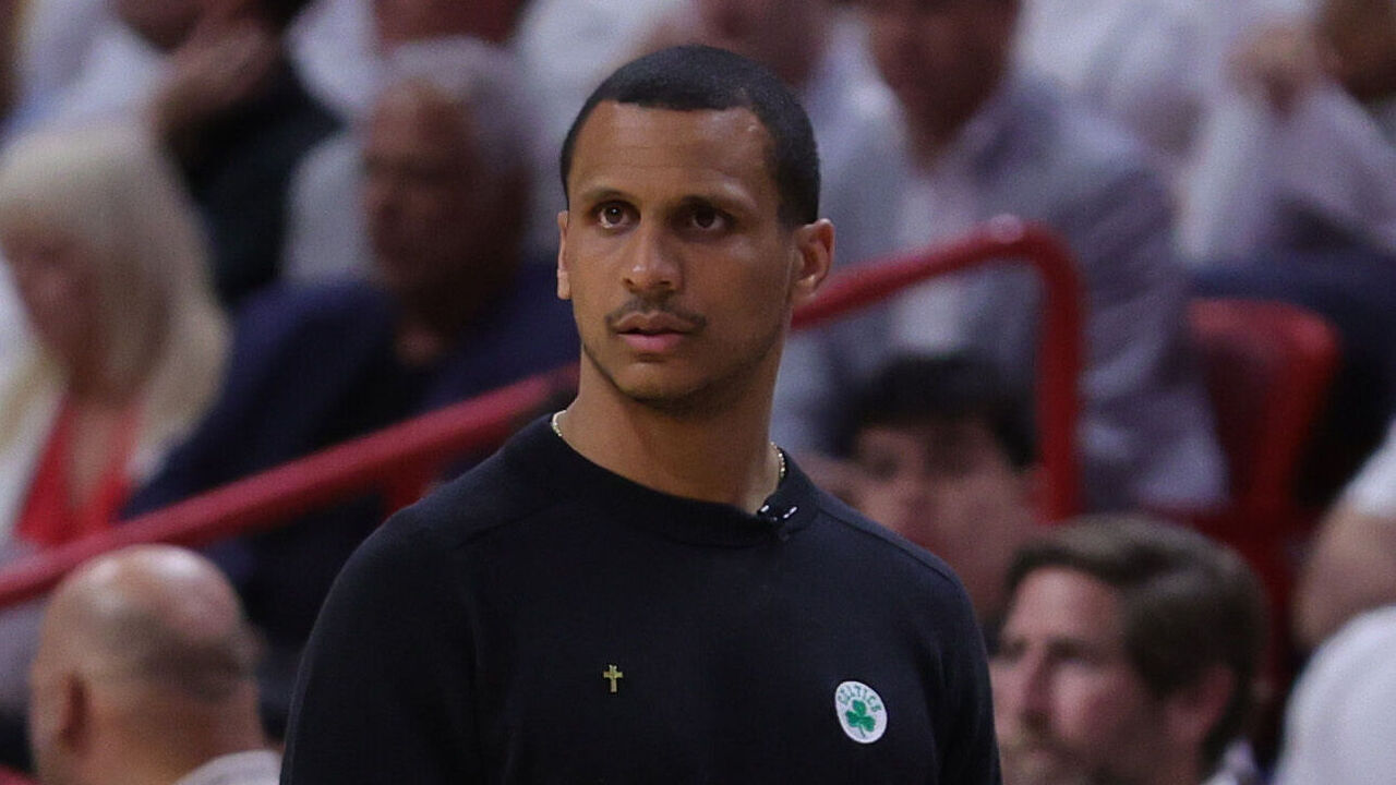 MIAMI, FLORIDA - MAY 23: Boston Celtics head coach Joe Mazzulla looks on against the Miami Heat during the third quarter in game four of the Eastern Conference Finals at Kaseya Center on May 23, 2023 in Miami, Florida.