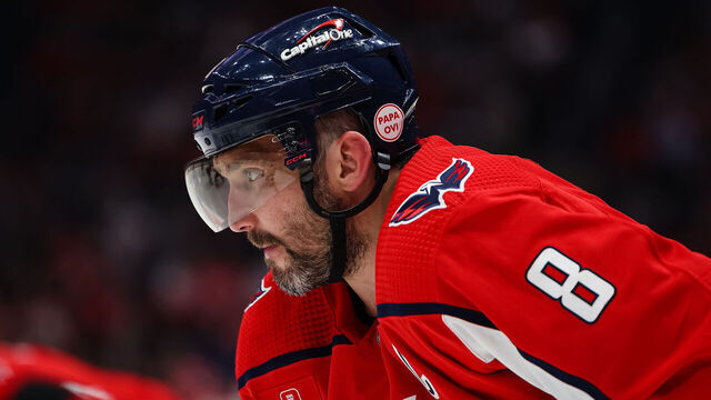 WASHINGTON, DC - APRIL 13: Alex Ovechkin #8 of the Washington Capitals looks on against the New Jersey Devils during the second period of the game at Capital One Arena on April 13, 2023 in Washington, DC.