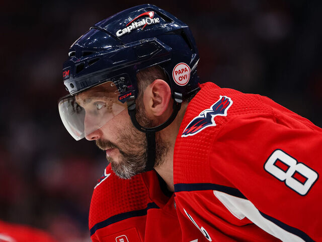 WASHINGTON, DC - APRIL 13: Alex Ovechkin #8 of the Washington Capitals looks on against the New Jersey Devils during the second period of the game at Capital One Arena on April 13, 2023 in Washington, DC.