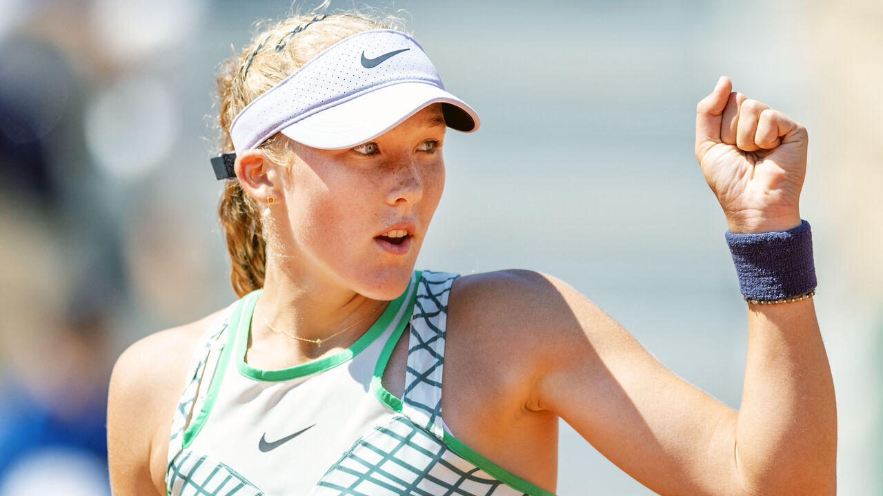 PARIS, FRANCE - JUNE 1. Mirra Andreeva of Russia celebrates her victory against Diane Parry of France in the second round of the singles competition on Court Simonne-Mathieu during the 2023 French Open Tennis Tournament at Roland Garros on June 1st, 2023, in Paris, France.