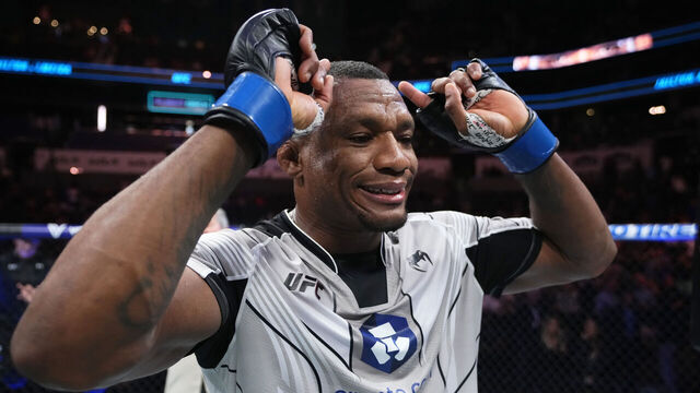 CHARLOTTE, NORTH CAROLINA - MAY 13: Jailton Almeida of Brazil celebrates his submission victory over Jairzinho Rozenstruik of Suriname in their heavyweight fight during the UFC Fight Night event at Spectrum Center on May 13, 2023 in Charlotte, North Carolina.