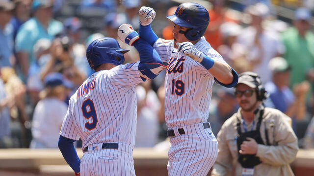 NEW YORK, NEW YORK - JUNE 01: Mark Canha #19 of the New York Mets celebrates with Brandon Nimmo #9 after hitting a two-run home run against the Philadelphia Phillies in the fourth inning at Citi Field on June 01, 2023 in New York City.