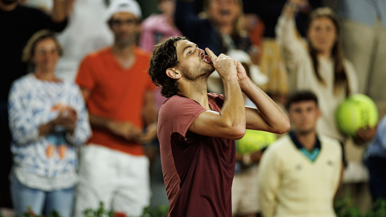 PARIS, FRANCE - JUNE 01: Taylor Fritz of the United States celebrates his victory over Arthur Rinderknech of France in the second round of the men's singles at Roland Garros on June 01, 2023 in Paris, France.