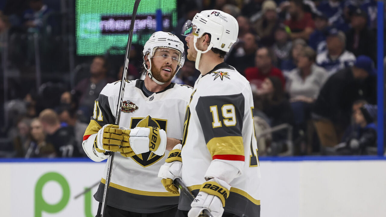 TAMPA, FL - JANUARY 29: Jonathan Marchessault #81 and Reilly Smith #19 of the Vegas Golden Knights against the Tampa Bay Lightning at Amalie Arena on January 29, 2022 in Tampa, Florida.