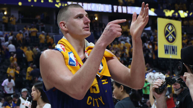 DENVER, COLORADO - JUNE 01: Nikola Jokic #15 of the Denver Nuggets reacts after a 104-93 victory against the Miami Heat in Game One of the 2023 NBA Finals at Ball Arena on June 01, 2023 in Denver, Colorado.