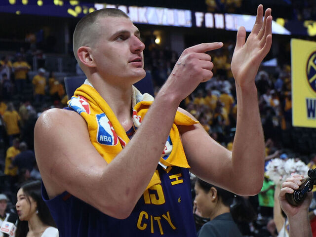 DENVER, COLORADO - JUNE 01: Nikola Jokic #15 of the Denver Nuggets reacts after a 104-93 victory against the Miami Heat in Game One of the 2023 NBA Finals at Ball Arena on June 01, 2023 in Denver, Colorado.