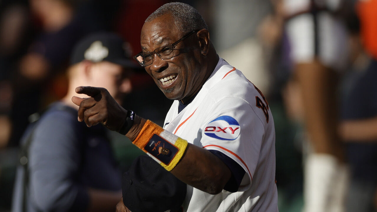 HOUSTON, TEXAS - JUNE 01: Dusty Baker Jr. #12 of the Houston Astros reacts prior to the start of the game against the Los Angeles Angels at Minute Maid Park on June 01, 2023 in Houston, Texas.