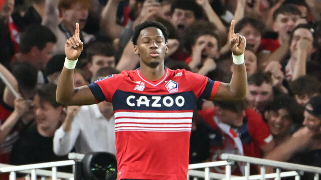 Lille's forward Jonathan David celebrates after scoring a goal during the French L1 football match between Lille LOSC and FC Nantes at Stade Pierre-Mauroy in Villeneuve-d'Ascq, northern France on May 27, 2023.