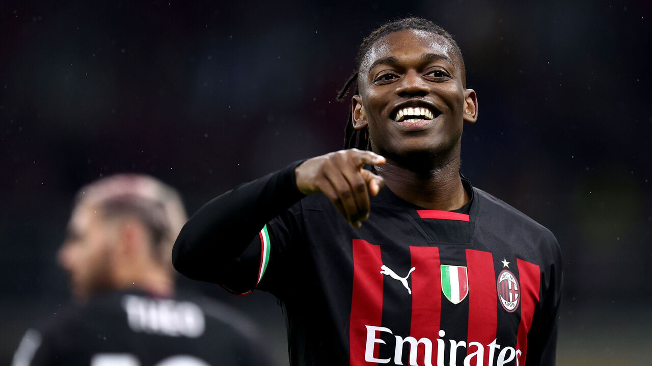 MILAN, ITALY - MAY 20: Rafael Leao of Ac Milan celebrates after scoring his team's first goal during the Serie A match between AC Milan and UC Sampdoria at Stadio Giuseppe Meazza on May 20, 2023 in Milan, Italy.