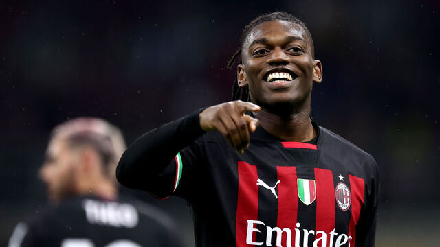 MILAN, ITALY - MAY 20: Rafael Leao of Ac Milan celebrates after scoring his team's first goal during the Serie A match between AC Milan and UC Sampdoria at Stadio Giuseppe Meazza on May 20, 2023 in Milan, Italy.
