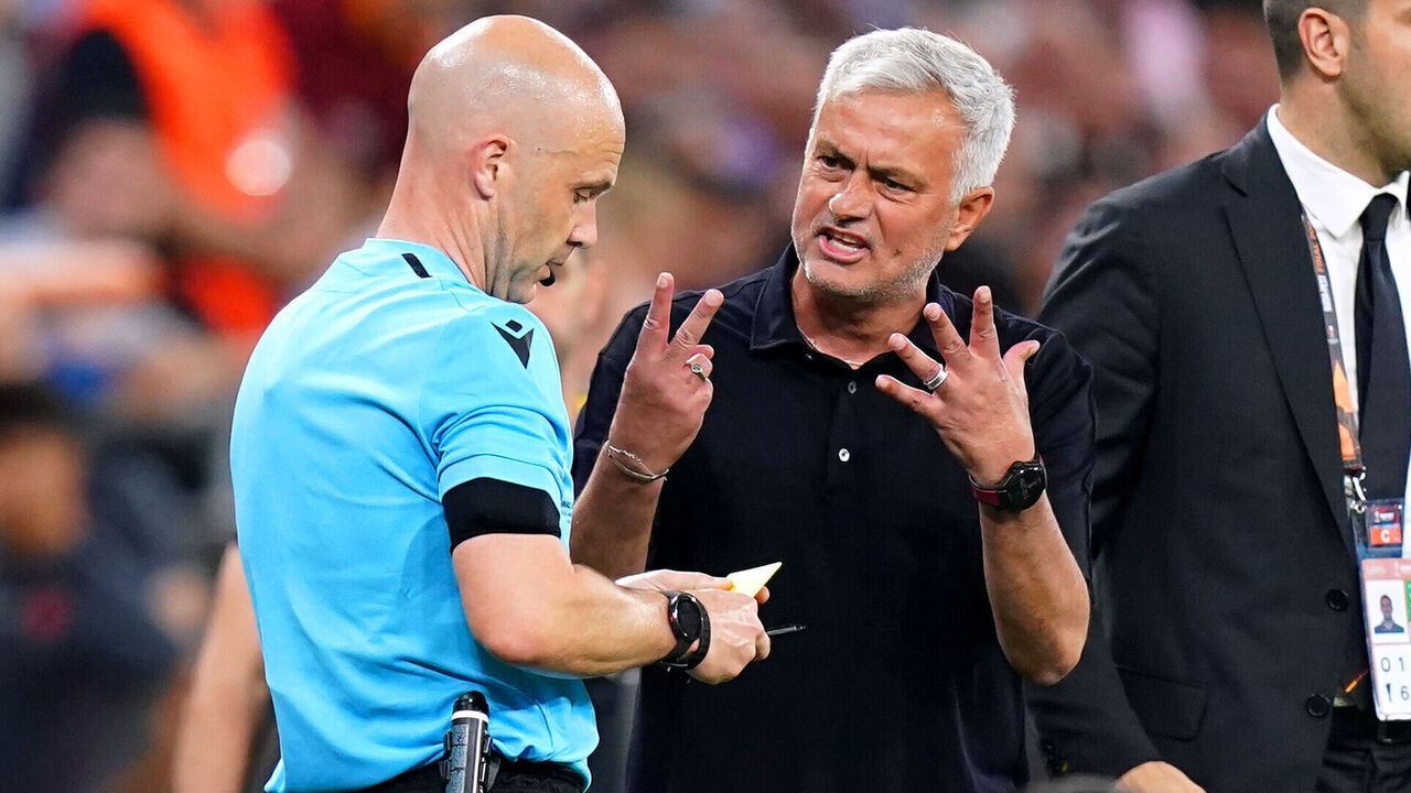 Roma manager Jose Mourinho exchanges words with referee Anthony Taylor during the UEFA Europa League Final at the Puskas Arena, Budapest. Picture date: Wednesday May 31, 2023.