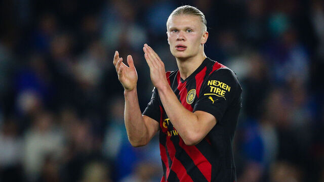BRIGHTON, ENGLAND - MAY 24: Erling Haaland of Manchester City applauds the fans after the Premier League match between Brighton & Hove Albion and Manchester City at American Express Community Stadium on May 24, 2023 in Brighton, England.