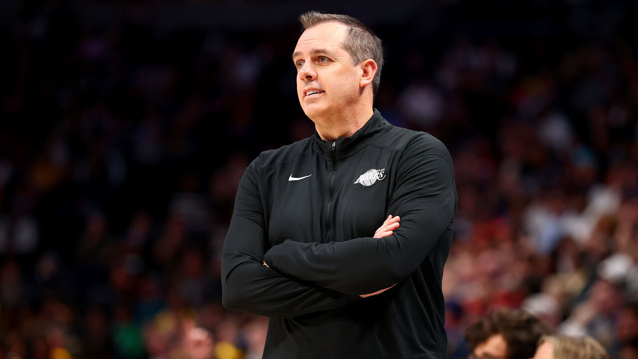 DENVER, CO - APRIL 10: Head Coach Frank Vogel of the Los Angeles Lakers coaches against the Denver Nuggets at Ball Arena on April 10, 2022 in Denver, Colorado. NOTE TO USER: User expressly acknowledges and agrees that, by downloading and/or using this Photograph, user is consenting to the terms and conditions of the Getty Images License Agreement.