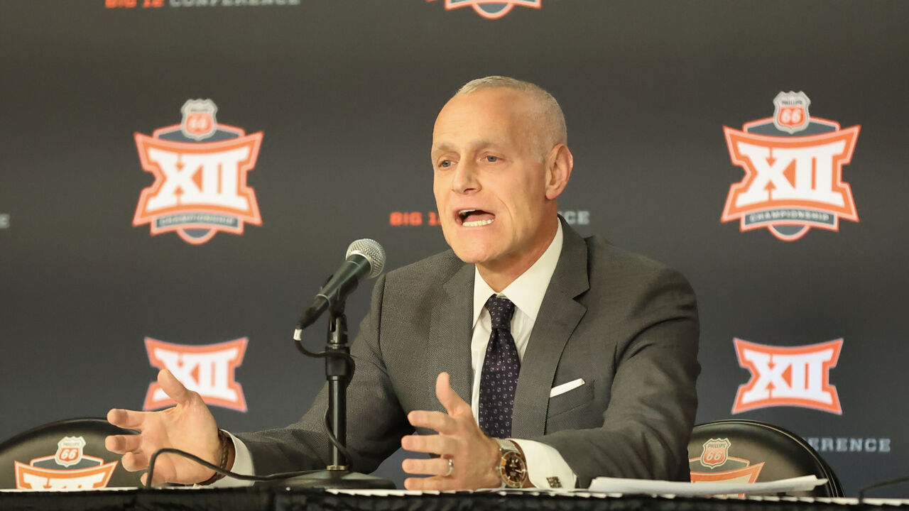 KANSAS CITY, MO - MARCH 08: Big 12 Commissioner Brett Yormark talks before the opening game of the Big 12 Tournament basketball game on March 8, 2023 at T-Mobile Center in Kansas City, MO.