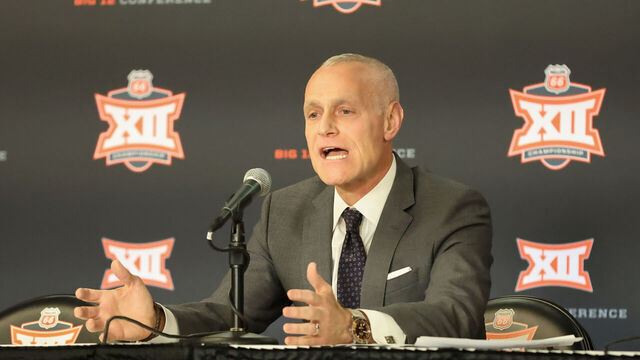 KANSAS CITY, MO - MARCH 08: Big 12 Commissioner Brett Yormark talks before the opening game of the Big 12 Tournament basketball game on March 8, 2023 at T-Mobile Center in Kansas City, MO.