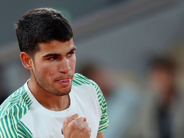 PARIS, FRANCE - JUNE 02: Carlos Alcaraz of Spain celebrates against Denis Shapovalov of Canada during the Men's Singles Third Round match on Day Six of the 2023 French Open at Roland Garros on June 02, 2023 in Paris, France.