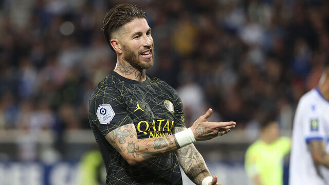 AUXERRE, FRANCE - MAY 21: Sergio Ramos of PSG during the Ligue 1 Uber Eats match between AJ Auxerre (AJA) and Paris Saint-Germain (PSG) at Stade de l'Abbe Deschamps on May 21, 2023 in Auxerre, France.