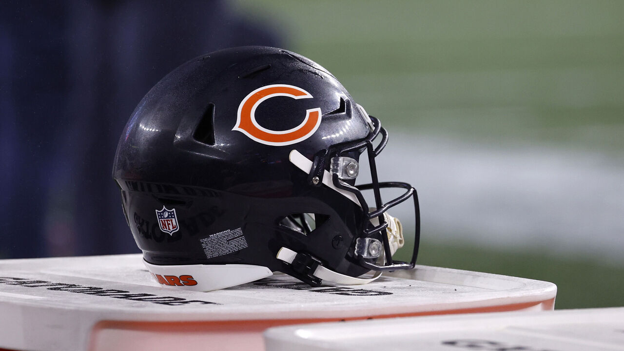 FOXBOROUGH, MA - OCTOBER 24: A Chicago Bears helmet before a game between the New England Patriots and the Chicago Bears on October 24, 2022, at Gillette Stadium in Foxborough, Massachusetts.