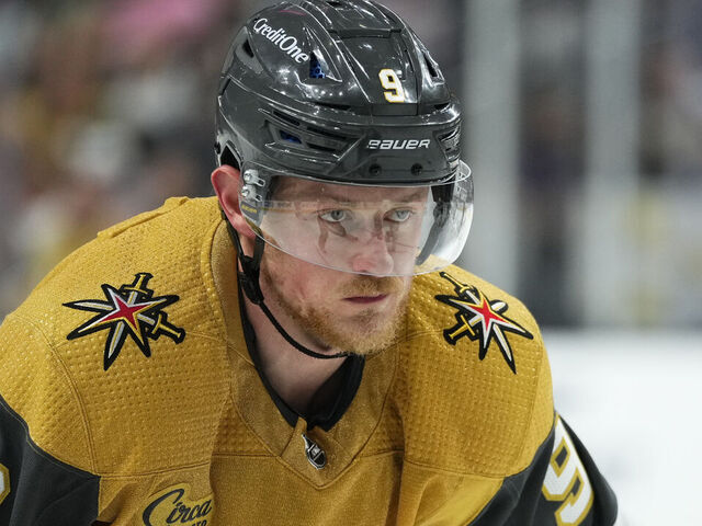 LAS VEGAS, NEVADA - MAY 21: Jack Eichel #9 of the Vegas Golden Knights prepares for a face off during the third period against the Dallas Stars in Game Two of the Western Conference Final of the 2023 Stanley Cup Playoffs at T-Mobile Arena on May 21, 2023 in Las Vegas, Nevada.