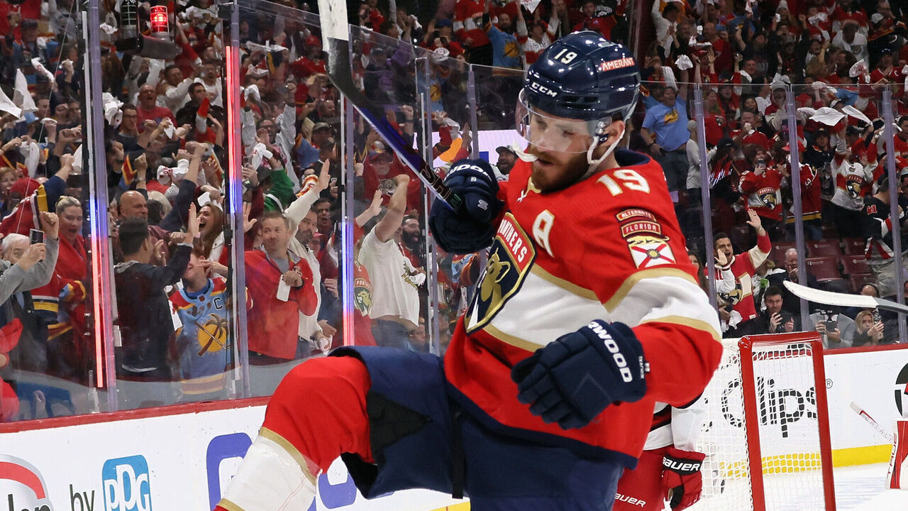 SUNRISE, FLORIDA - MAY 24: Matthew Tkachuk #19 of the Florida Panthers scores a first period goal against the Carolina Hurricanes in Game Four of the Eastern Conference Finals of the 2023 Stanley Cup Playoffs at FLA Live Arena on May 24, 2023 in Sunrise, Florida.