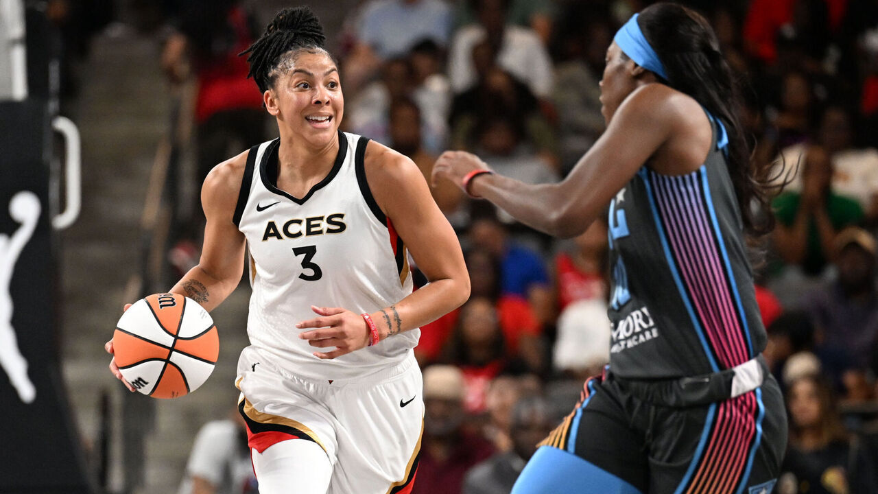 ATLANTA, GA - JUNE 2: Candace Parker #3 of the Las Vegas Aces dribbles the ball during the game against the Atlanta Dream on June 2, 2023 at Gateway Center Arena at College Park in Atlanta, Georgia. Mandatory Copyright Notice: Copyright 2023 NBAE