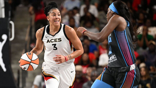 ATLANTA, GA - JUNE 2: Candace Parker #3 of the Las Vegas Aces dribbles the ball during the game against the Atlanta Dream on June 2, 2023 at Gateway Center Arena at College Park in Atlanta, Georgia. Mandatory Copyright Notice: Copyright 2023 NBAE
