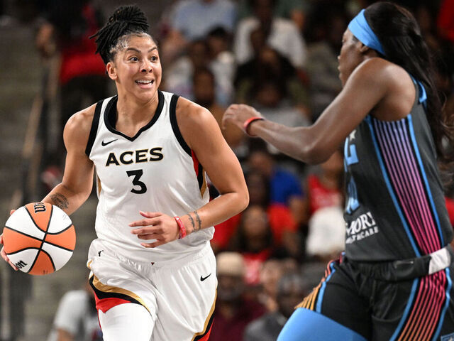 ATLANTA, GA - JUNE 2: Candace Parker #3 of the Las Vegas Aces dribbles the ball during the game against the Atlanta Dream on June 2, 2023 at Gateway Center Arena at College Park in Atlanta, Georgia. Mandatory Copyright Notice: Copyright 2023 NBAE